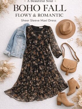 A BEAUTIFUL SOUL Floral Maxi Dress Boho Fall Sheer Sleeve Flowy Romantic Sz XL